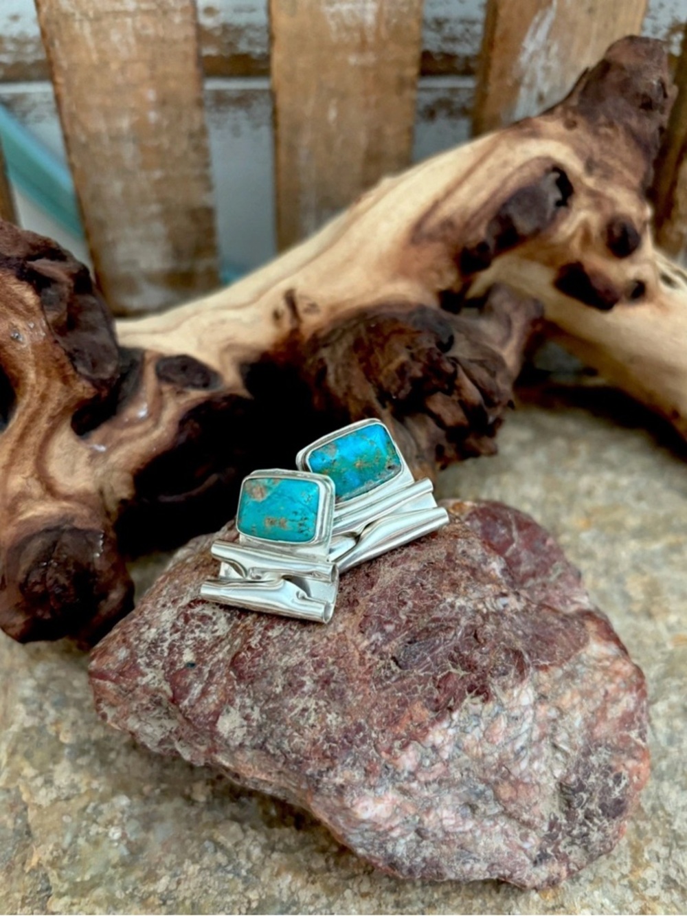 VTG Navajo Sterling Silver Natural Turquoise Rain Bar Earrings Signed Yazzie NEW